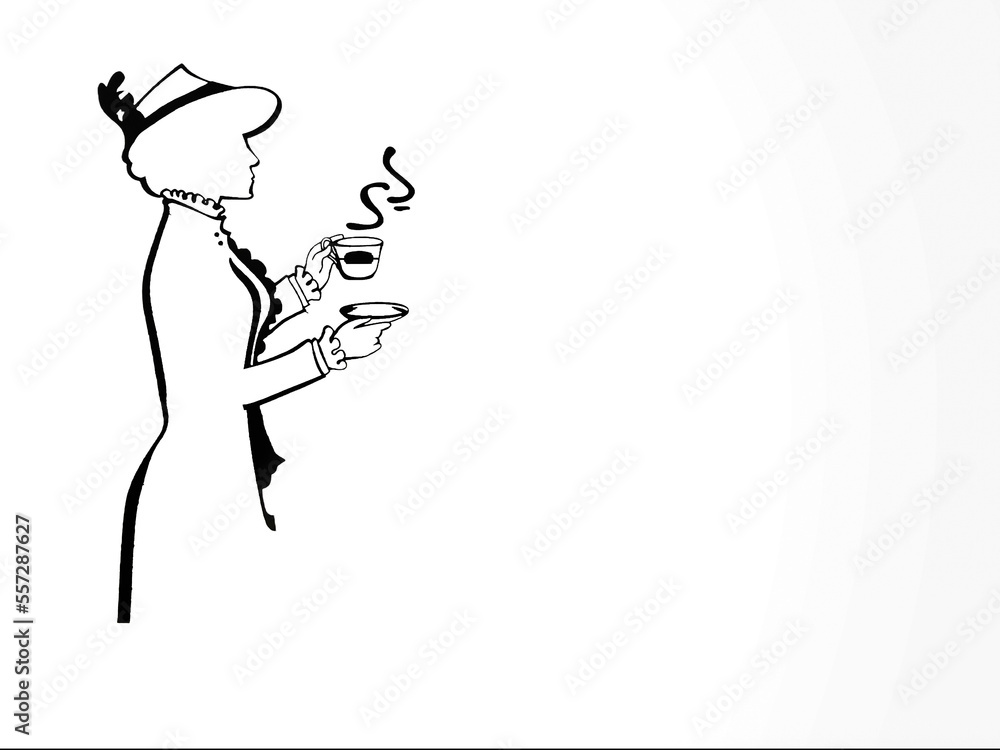 black line art woman standing holding a cup of coffee black line art woman standing holding a cup of coffee