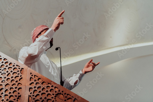 Photography Muslims arabic Imam has a speech on friday afternoon prayer in mosque