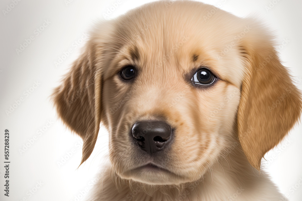 A lovely golden retriever puppy is seen in close up on a white background. Generative AI