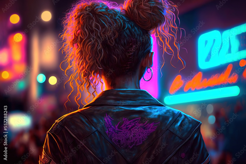 A 80s style girl from behind in a neon colored street at night, generative ai