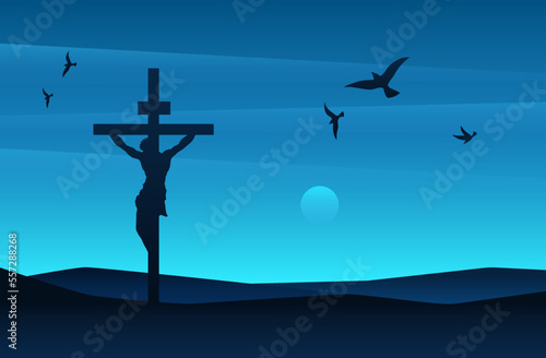 Jesus Christ vector illustration. God resurrection process. Easter holiday poster. Process crucifix on holy hill. Catholic christ symbol. Holy spirit beautiful wallpaper. Biblical spirit background