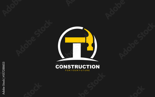 T logo construction vector for woodworking company. initial letter hammer template vector illustration for your brand.