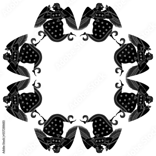 Round ethnic frame with winged ancient Greek goddesses. Black and white silhouette.