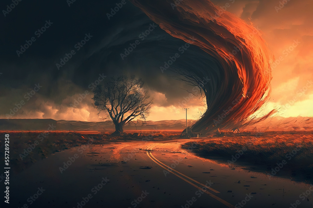 landscape, hurricane, tornado, atmospheric front, cataclysm, apocalypse, art illustration