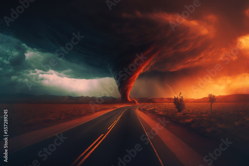 landscape, hurricane, tornado, atmospheric front, cataclysm, apocalypse, art illustration