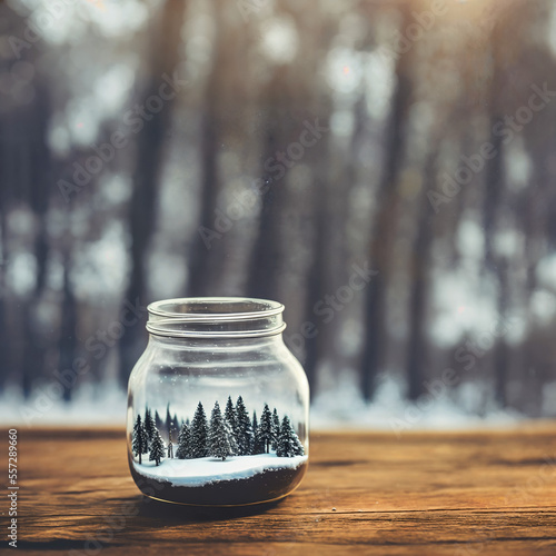 Snowy winter microworld in a glass jar on a wooden surface. Generative AI photo