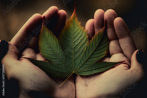 Holding a leaf of CBD hemp. Generative AI photo