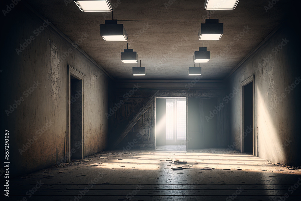 interior of a grungy room with downlights. Generative AI