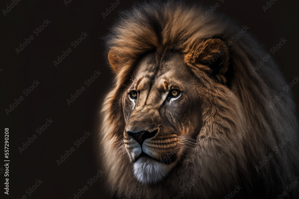 Lion king, a portrait of a wildlife beast, isolated on black. Generative AI