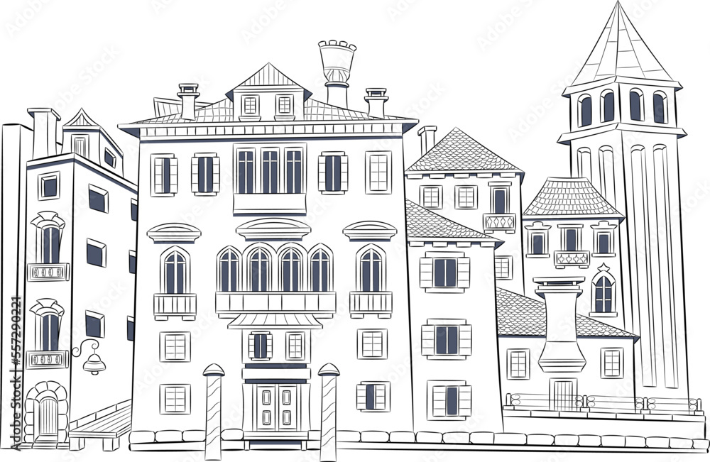 Black and white drawing of old Venetian houses on the embankment and the bell tower on a white background.