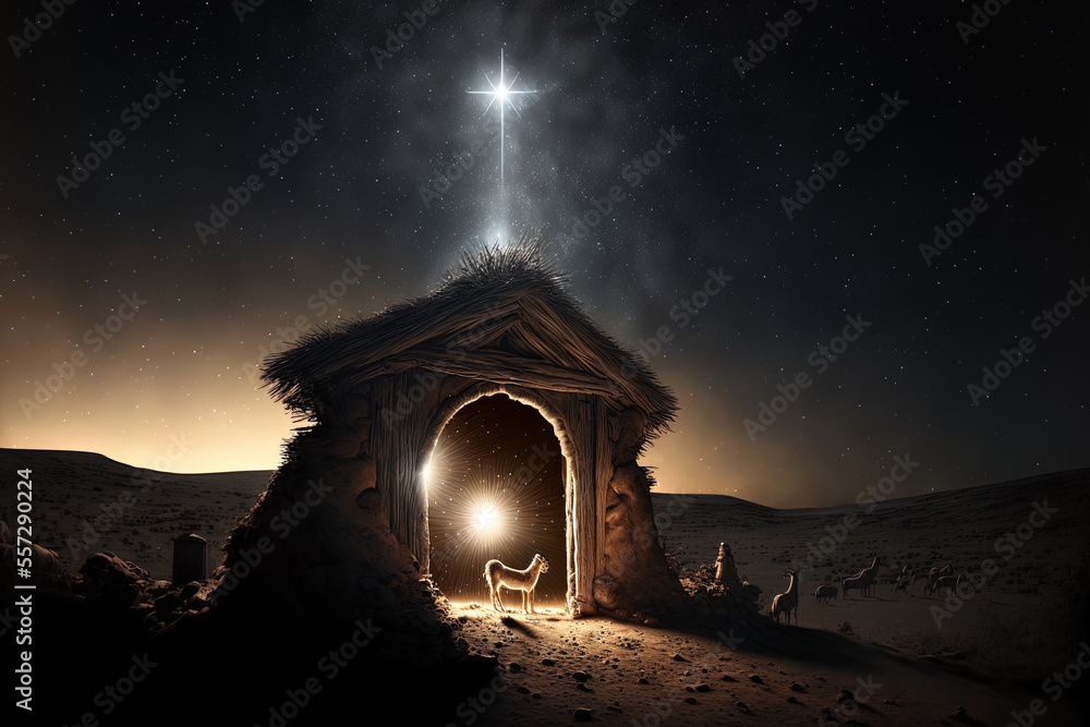 The star is shining over Jesus Christ's Christmastime nativity. Generative AI The star is shining over Jesus Christ's Christmastime nativity. Generative AI