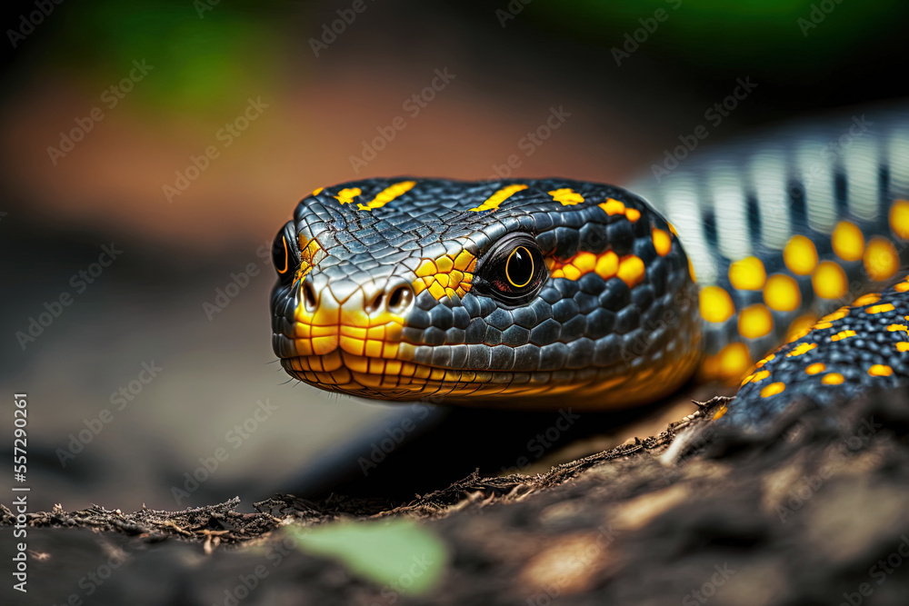 Boiga snake dendrophila closeup of an animal assault with a yellow ringed head. Generative AI Boiga snake dendrophila closeup of an animal assault with a yellow ringed head. Generative AI