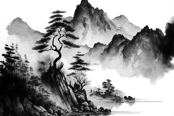 Leinwandbilder Grau Mountainous setting. Chinese traditional ink drawing technique. handmade watercolor drawing. Generative AI  © The 2R Artificiality