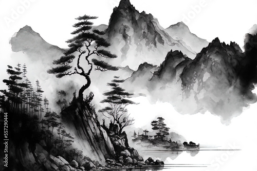 Mountainous setting. Chinese traditional ink drawing technique. handmade watercolor drawing. Generative AI
