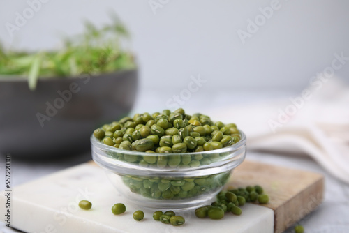 Glass bowl with mung beans and coaster on table, closeup
