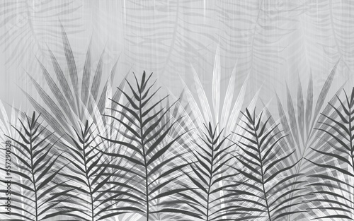 Fototapeta Naklejka Na Ścianę i Meble -  Tropical palm leaves wallpaper. Trendy interior mural sunset colours.Fresco concept. Watercolor and artist brushes.