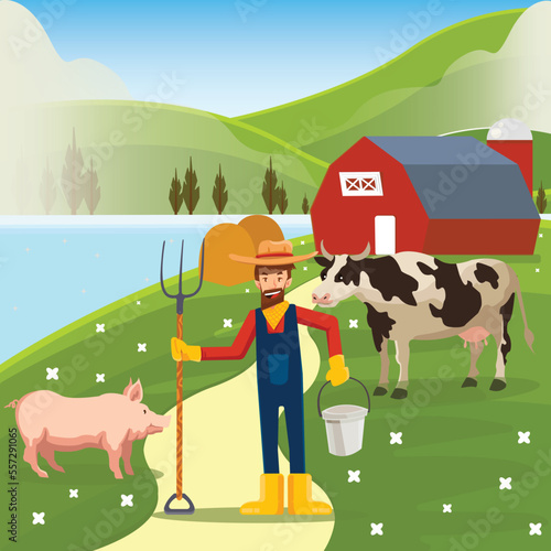 Farm animals with landscape - farmer, cow and pig near barn and river. Cute vector illustration