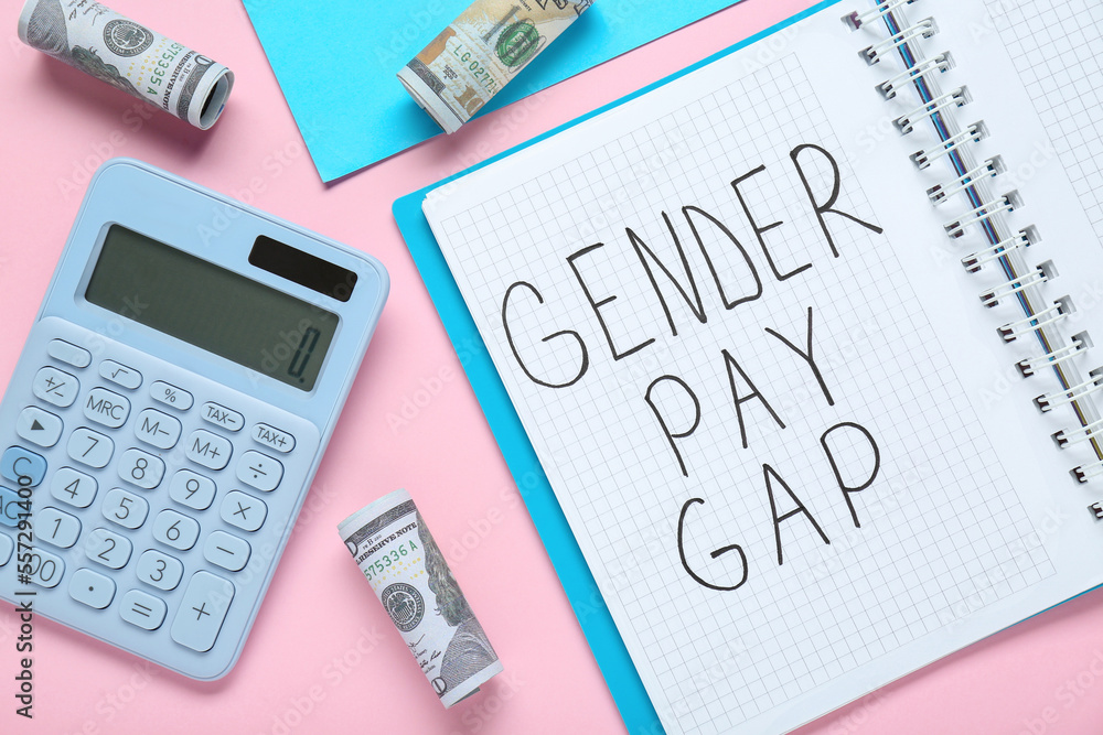 Gender pay gap. Notebook, calculator and banknotes on color background, flat lay Gender pay gap. Notebook, calculator and banknotes on color background, flat lay