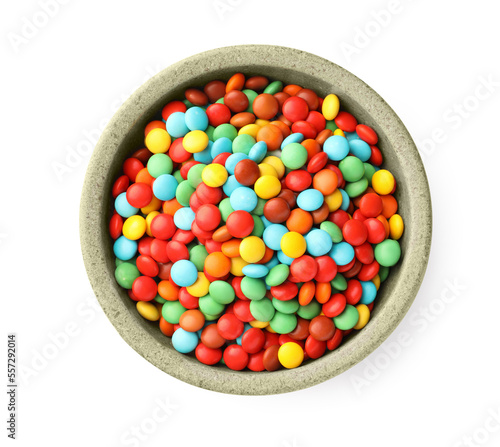 Bowl with colorful candies isolated on white, top view