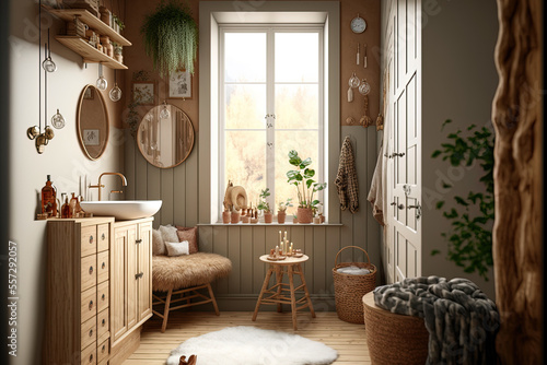 Bohemian Scandinavian interior design as backdrop. furniture made of natural wood in a beige bathroom. Generative AI