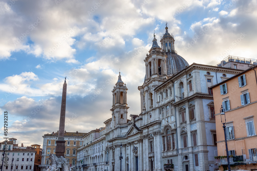 Sant'Agnese in Agone in Piazza Navona. Historic Landmark in Rome, Italy. Cloudy Sky.