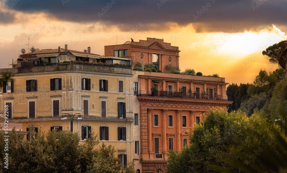 Old Historic Streets in Downtown Rome, Italy. Apartment Buildings Exterior. Sunset Sky Art Render.