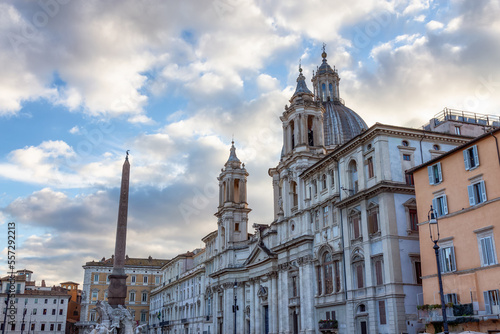 Sant'Agnese in Agone in Piazza Navona. Historic Landmark in Rome, Italy. Cloudy Sky.