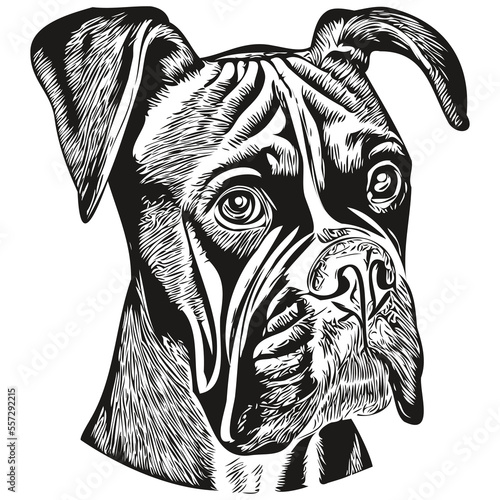 Boxer dog hand drawn illustration, black and white vector pets logo line art