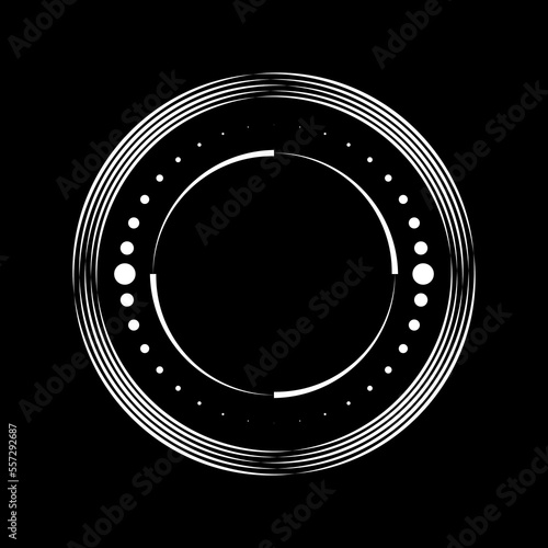 White lines and halftone dots in round form. Geometric art. Design element for border frame, round logo, blackout tattoo, sign, symbol, web pages, prints, posters, social media, promotion, flyer