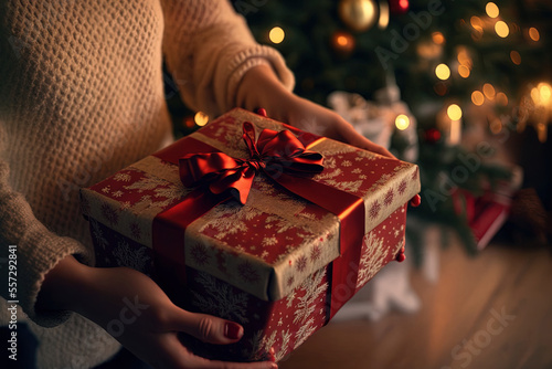 Stunning gift box in a woman's hands against a fuzzy fireplace background. Generative AI