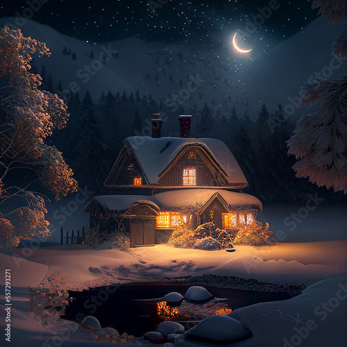 Lonely House and the crescent moon in the night 