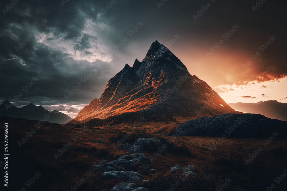 Beautiful photograph of a mountain against a gloomy sky. Generative AI