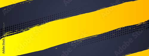 Abstract grunge background vector with paint brush and halftone effect, horizontal banner template design with gradient black and yellow color