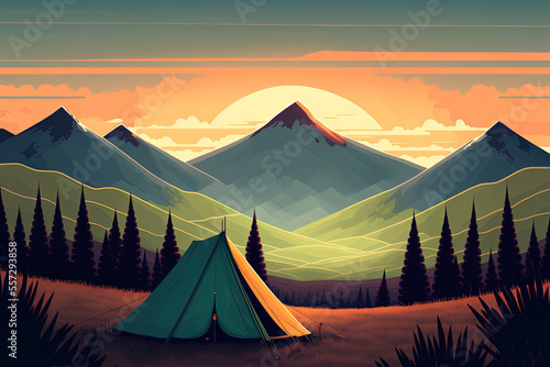 Illustration of a natural dawn scene with hills and a tent in a meadow. Generative AI © 2rogan