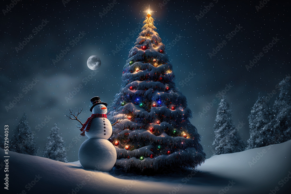 Obraz premium Snowman with a Christmas tree and ornaments stands on a snowbank at night. Generative AI