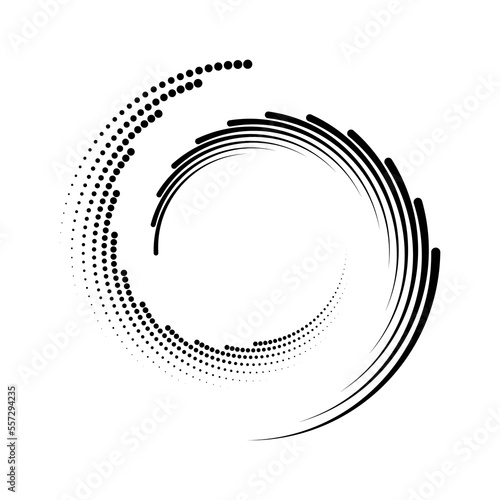 Black circular halftone dots and lines. Geometric art. Design element for border frame, round logo, blackout tattoo, sign, symbol, social media, prints, template, pattern and abstract backdrop
