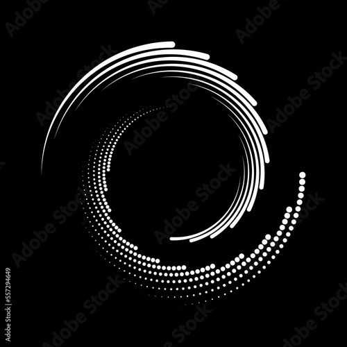 White circular halftone dots and lines. Geometric art. Design element for border frame, round logo, blackout tattoo, sign, symbol, social media, prints, template, pattern and abstract backdrop