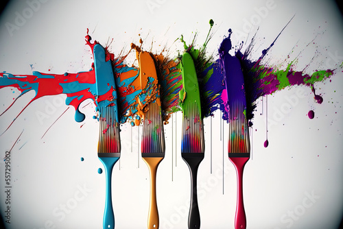 On a white backdrop, a lovely image of colorful brushes and spatulas can be seen. Generative AI photo