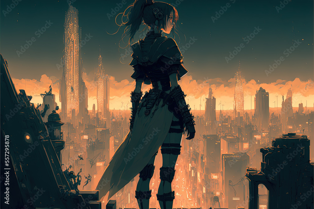 Cyberpunk Girl, Anime, Character Design, Concept Art, Beautiful Girl,  Generative AI Stock Illustration