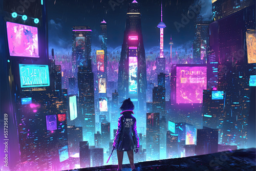 Cyberpunk Girl, Anime, Character Design, Concept Art, Beautiful Girl, Generative AI