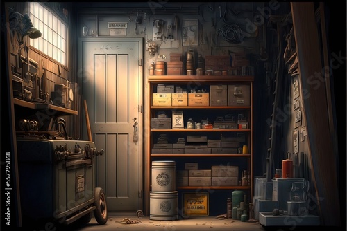 Old Vintage Style Garage, With Objects and Tools Stored, and Also a Car ready for being repared and cleaned © Sebastián Hernández