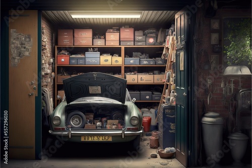 Old Vintage Style Garage, With Objects and Tools Stored, and Also a Car ready for being repared and cleaned © Sebastián Hernández