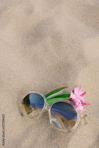 Beautiful sunglasses with tropical flower on sandy beach, space for text