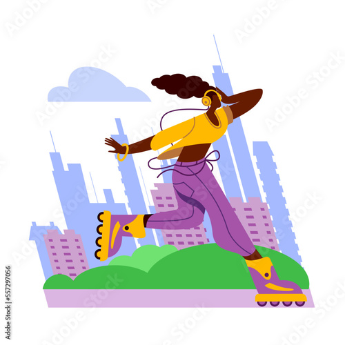 A slender girl in a tracksuit is roller skating in the city. A vivid illustration on the theme of summer sports.