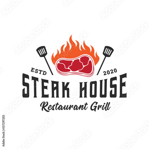 Vintage Retro Rustic BBQ Grill, Barbecue, Barbeque, Label Stamp Logo design vector, Barbecue logo with meat cutlery and fire combined in beautiful typography