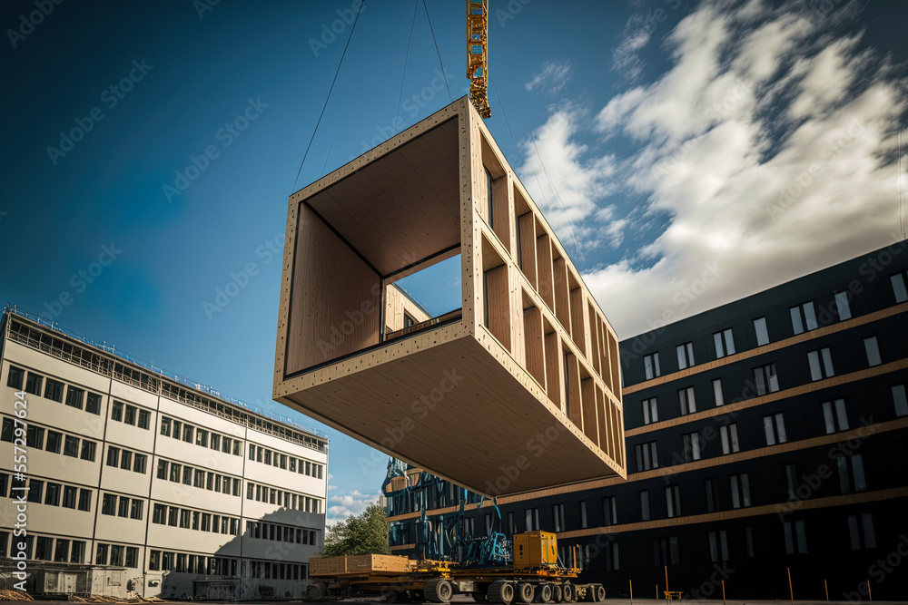 A wooden building module is raised by a crane and placed into the framework. Berlin office building under construction. Modular wood construction will be used to build the new building. Generative AI A wooden building module is raised by a crane and placed into the framework. Berlin office building under construction. Modular wood construction will be used to build the new building. Generative AI