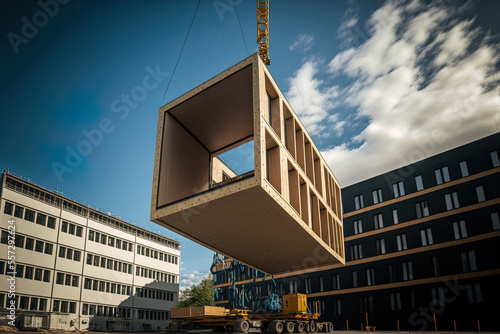 A wooden building module is raised by a crane and placed into the framework. Berlin office building under construction. Modular wood construction will be used to build the new building. Generative AI photo