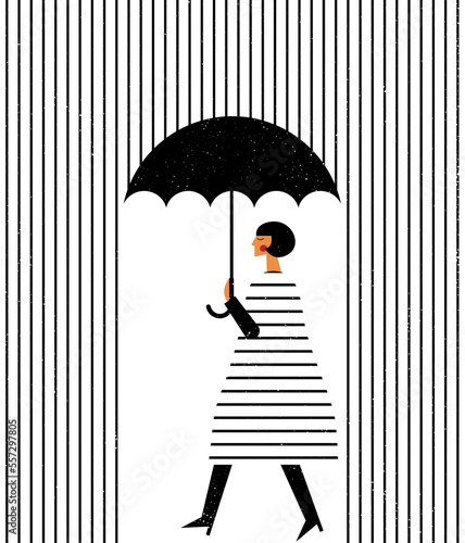 Lines of rain surround a woman protected by Under an umbrella. Barcode rainy season. Seamless stripe pattern. Black and white. Side view. Simple graphic, line art. Trendy vector flat illustration.