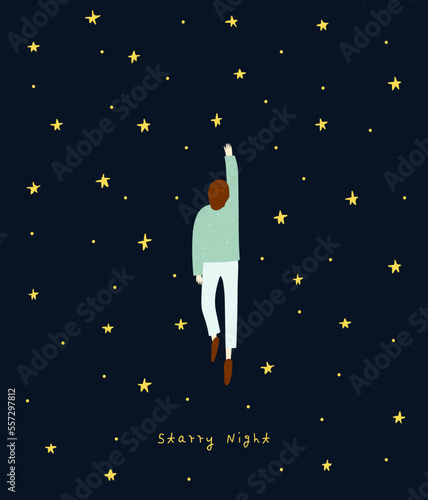 Boy in a flies through the night sky to a bright star. Child touching the stars in the sky. Space flying man astronaut. Kids dream. Landing page. Hand drawn style. Trendy flat vector illustration.