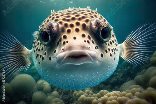 Cute puffer fish face up close and in the front view. Generative AI